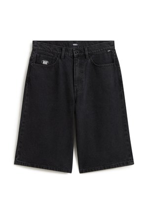 Pantaloncini di denim neri a taglio dritto, con chiusura frontale con bottoni, due tasche e una toppa con il logo sulla cintura.