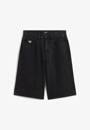 Shorts en denim noir à coupe droite, avec une fermeture à boutons sur le devant, deux poches et un patch logo sur la ceinture.