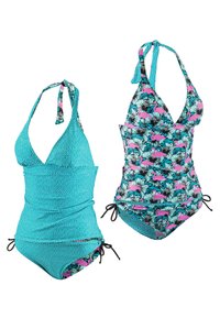 Deux maillots de bain : l'un uni turquoise avec des pois blancs, l'autre présente un motif coloré de flamant rose et de fleurs, avec des bretelles ajustables.