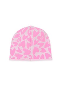 Berretto rosa in morbido tessuto, con motivo a tutto campo di cuori e stelle in diverse sfumature di rosa e accenti bianchi.