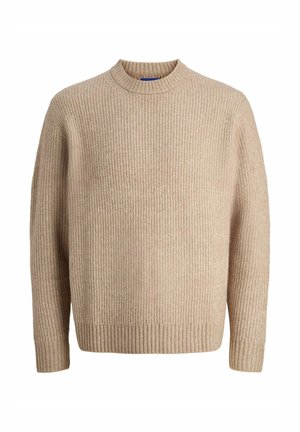 Beige gestrickter Pullover mit strukturiertem Rippenmuster, Rundhalsausschnitt und langen Ärmeln. Bietet einen lässigen Schnitt sowie Rippenbündchen und -saum.