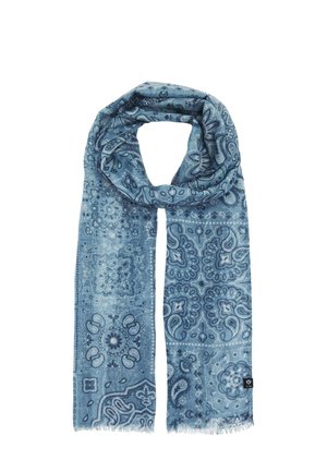 Light blue scarf with dark blue paisley and floral patterns, fringed ends, and a small black fabric tag on one side.