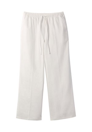 Witte broek met brede pijpen, elastische tailleband en voorste trekkoord op een effen witte achtergrond.