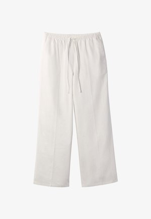 Pantalones blancos de pierna ancha con cintura elástica y cordón frontal sobre un fondo blanco liso.