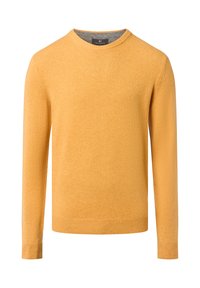 Mosterdgele trui met lange mouwen en een ronde hals. Zachte textuur en geribbelde accenten bij de kraag, manchetten en onderrand. Eenvoudig, klassiek ontwerp.