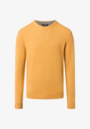Senfgelber Langarmpullover mit Rundhalsausschnitt. Weiche Textur und gerippte Akzente am Kragen, den Bündchen und dem Saum. Schlichtes, klassisches Design.
