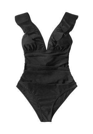 Cupshe RUFFLED V NECK ONE PIECE SWIMSUIT - Traje de baño - black