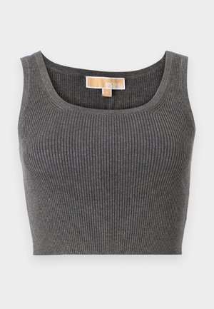 Grå, ribbad crop top med en bred rundad halsringning. Har en slät textur och en etikett med texten "MICHAEL" på insidan av halsringningen.