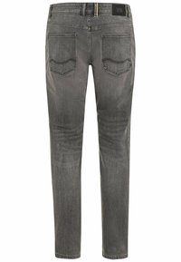 Smalrende grå denim jeans med fem lommer, synlig syning og et gult accent bånd foran. Bagsiden har to påsyede lommer.