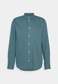 Camicia a maniche lunghe con bottoni in tessuto teal, con colletto, bottoni frontali e orlo curvo con una finitura testurizzata.