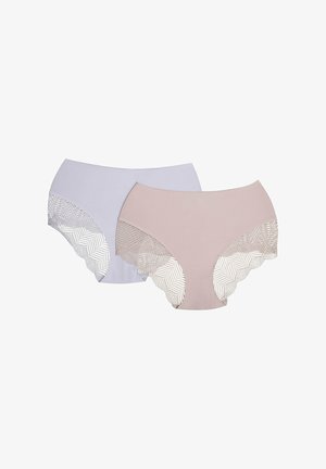 Two pairs of high-waisted underwear: one light purple and one pink, both with lace trim featuring a zigzag pattern along the waistline.
