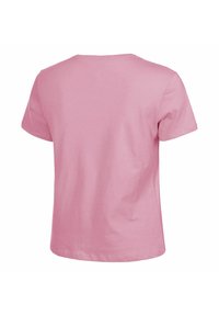 T-shirt rosa in cotone a maniche corte con scollo rotondo, caratterizzato da una texture liscia e una vestibilità rilassata. Senza loghi o motivi visibili.