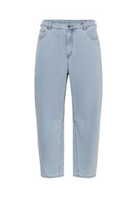 Hellblaue Jeans aus Denim mit hoher Taille, vorderem Knopf, Gürtelschlaufen und gekürzten, geraden Beinen, präsentiert auf weißem Hintergrund.