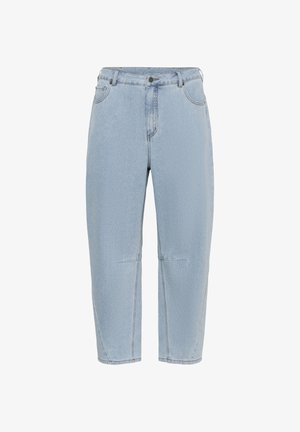 Blugi de denim albastru deschis cu talie înaltă, nasture frontal, bucle pentru curea și picioare drepte cropped, expuși pe un fundal alb.