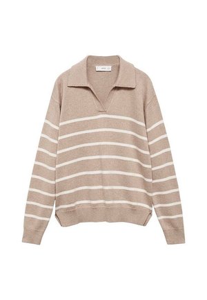 Beiger Strickpullover mit weißen horizontalen Streifen, langen Ärmeln, gerippten Bündchen und Saum, mit weitem Kragen und V-Ausschnitt.
