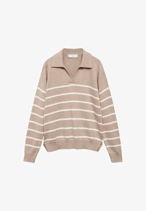Pull beige en maille avec des rayures horizontales blanches, manches longues, poignets et ourlet côtelés, avec un large col et une ouverture en V.