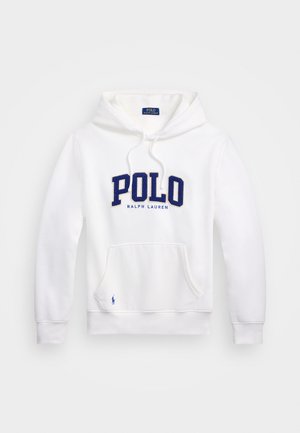 Sudadera blanca con bolsillo tipo canguro, que presenta un logotipo bordado en azul marino con la palabra "POLO" y el texto "RALPH LAUREN", capucha con cordón y emblema de polo azul.