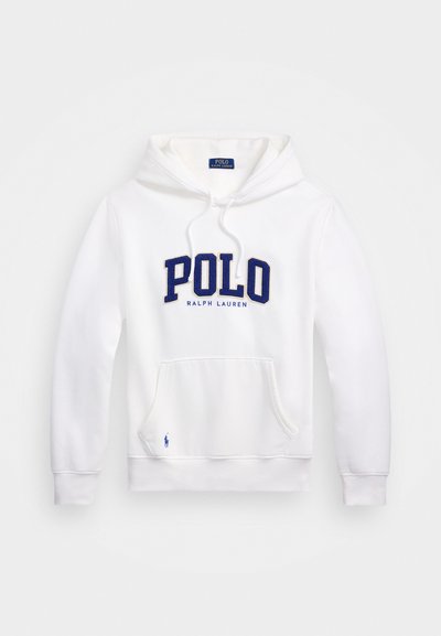 Bela kapuca s kenguru žepom, s brodovima u mornarskoplavoj boji "POLO" logotipom i tekstom "RALPH LAUREN", kapuljačom na uže i plavim polo amblemom.