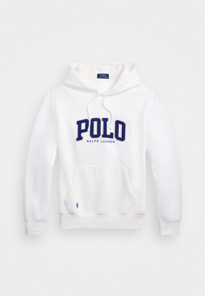 Balta kapuce ar kengura kabatu, ar tumši zilu izšūtu "POLO" logo un "RALPH LAUREN" tekstu, kapucē ar auklu un zilu polo emblēmu.
