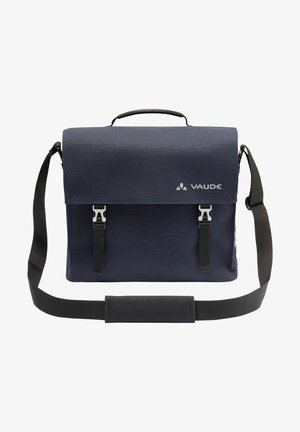 Borsa a messenger in tessuto blu con pattina pieghevole, due fibbie laterali regolabili, una maniglia superiore e una lunga tracolla. Logo Vaude sul davanti.