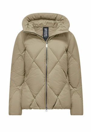 Beige geborduurde pufferjack met een capuchon, voorzien van een rits aan de voorkant en een ruitpatroon. Zachte textuur en casual ontwerp. Merketiket zichtbaar.