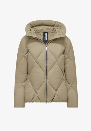 Beige geborduurde pufferjack met een capuchon, voorzien van een rits aan de voorkant en een ruitpatroon. Zachte textuur en casual ontwerp. Merketiket zichtbaar.