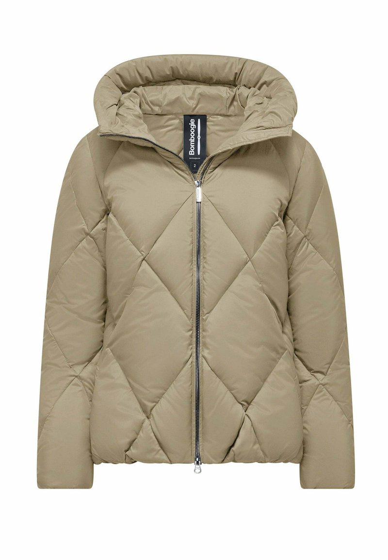 Beige geborduurde pufferjack met een capuchon, voorzien van een rits aan de voorkant en een ruitpatroon. Zachte textuur en casual ontwerp. Merketiket zichtbaar.