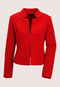 Rote Jacke mit strukturierter Oberfläche, Stehkragen, figurbetontem Schnitt und geometrischem Muster. Lange Ärmel und offenes Vorderteil.