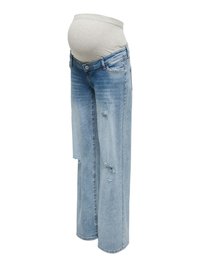 Jean de maternité bleu clair avec jambes larges et détails usés, associé à une bande de maternité beige extensible à la taille.