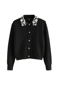 Black cardigan with a button front, featuring a floral-embellished collar and decorative buttons, made from soft fabric.