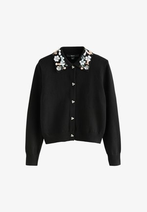 Schwarze Strickjacke mit Knopffront, mit einem blumenverzierten Kragen und dekorativen Knöpfen, aus weichem Stoff gefertigt.