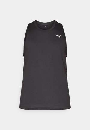 Zwarte mouwloze sporttanktop van gladde stof, voorzien van een witte Puma-logo op de linkerkant van de borst en een ronde hals.
