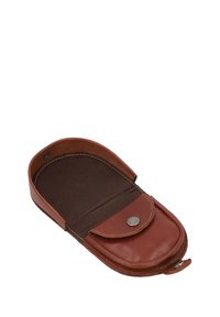 Brown leather case with a smooth exterior, rounded shape, and a snap closure; interior features a dark brown fabric lining.