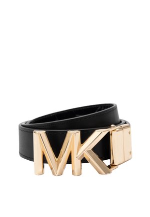 Black leather belt featuring a gold-tone metal buckle with "MK" logo. The strap has a smooth texture and a sleek design.