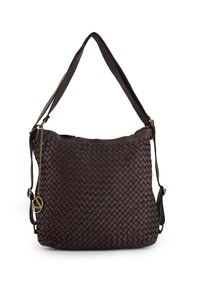 Woven brown leather bag with a soft texture, featuring a long shoulder strap and a decorative gold-tone charm attached.