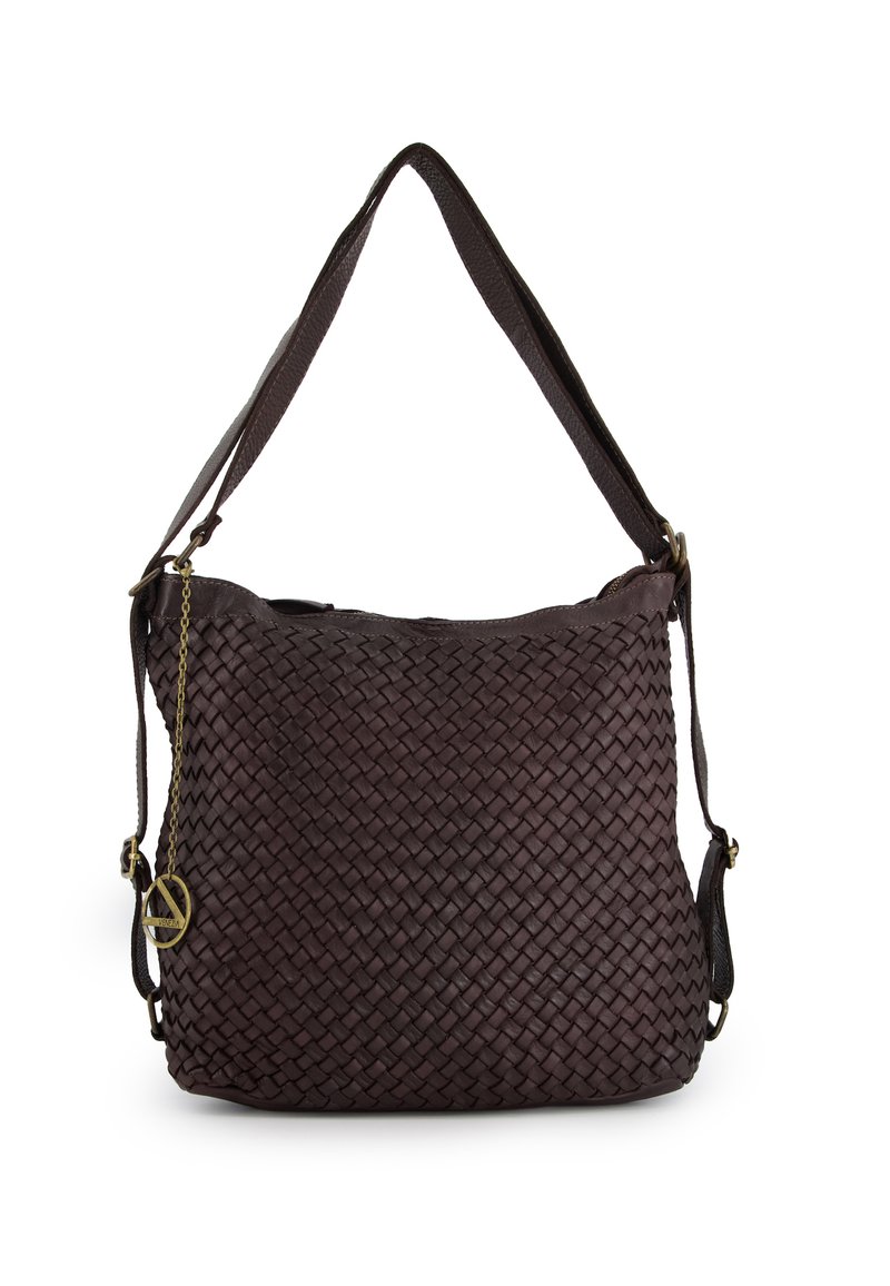 Woven brown leather bag with a soft texture, featuring a long shoulder strap and a decorative gold-tone charm attached.
