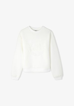 Felpa bianca con maniche lunghe, collo rotondo e silhouette cropped. Presenta un design in rilievo di foglie e testo al centro.