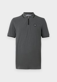 Šedé polo tričko s zipovým golierom, krátkymi rukávmi a čiernym lemovaním okolo goliera a rukávov. Malé logo na hrudi.