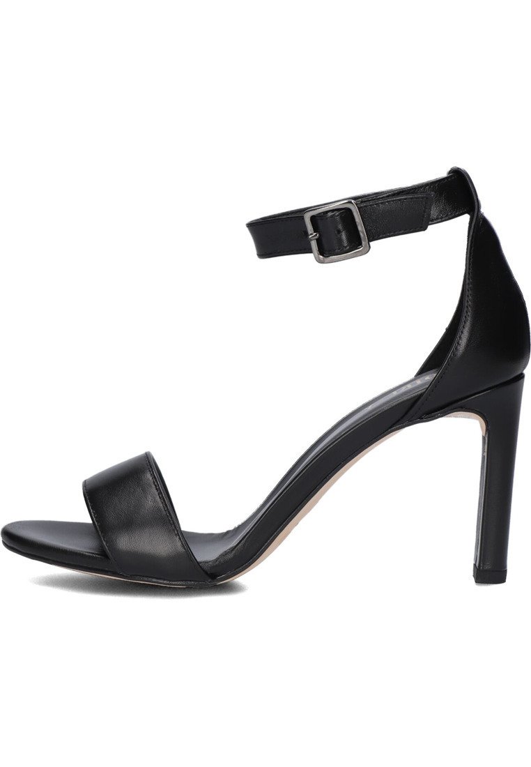 Schwarze Leder-High-Heel-Sandale mit verstellbarem Knöchelriemen, offenem Zeh und glatter Textur. Bietet ein elegantes, minimalistisches Design.