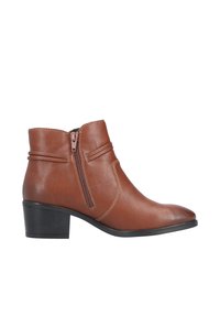 Botas de cuero marrón hasta el tobillo con cremallera lateral, un tacón bajo en bloque y costuras decorativas a lo largo de la costura, con una textura suave.