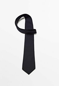 Black silk tie with a smooth texture and pointed end, featuring a classic design and a single loop at the top for fastening.