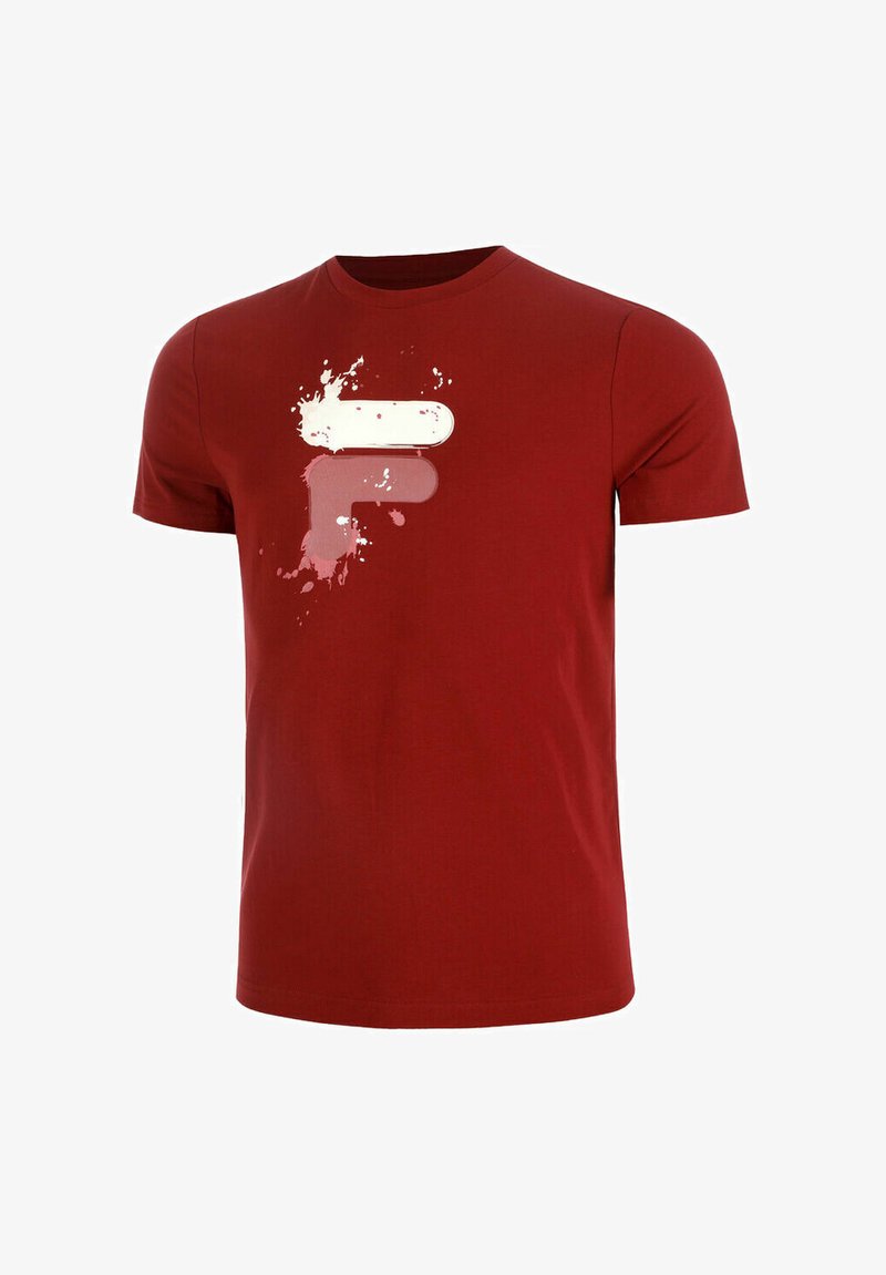 Camiseta de algodón roja con un atrevido diseño gráfico en blanco y rosa, con acentos salpicados en la parte superior izquierda. Mangas cortas y cuello redondo.