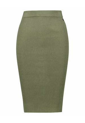 Jupe crayon en maille vert olive avec des côtes verticales, taille haute et texture lisse. Présente un petit logo sur la ceinture.