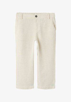 Off-white bukser til småbarn med knapp og elastisk midje, sidelommer, rette ben, laget av mykt stoff.