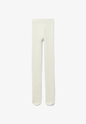 Leggings en tricot de couleur crème avec un motif de câble texturé sur la moitié inférieure et une taille lisse.
