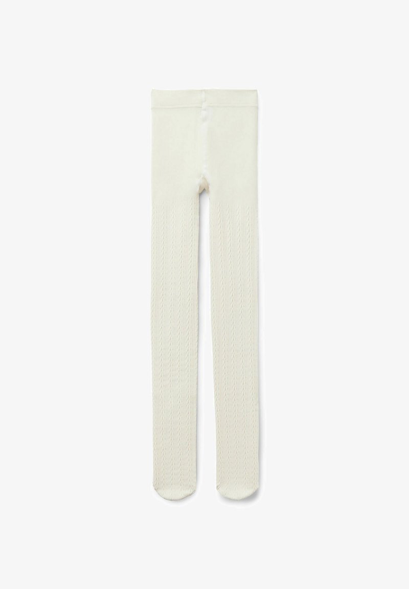 Dziane legginsy w kolorze kremowym z teksturowanym wzorem w warkocze na dolnej części oraz gładkim pasem w talii.