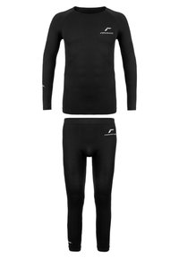 Schwarzes Thermo-Longsleeve-Oberteil und Leggings-Set. Hergestellt aus glattem, dehnbarem Stoff in taillierter Passform. Mit kleinen Logodetails.