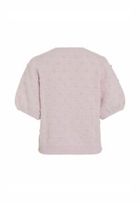 Suéter de punto rosa con mangas cortas abullonadas, que presenta puntos texturizados y un dobladillo acanalado. Tejido suave con un corte relajado.