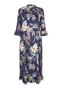 Luftiges, marineblaues Kleid mit floralem Muster in hellrosa und grünen Akzenten. Lange Ärmel mit Rüschenärmeln und runder Ausschnitt.