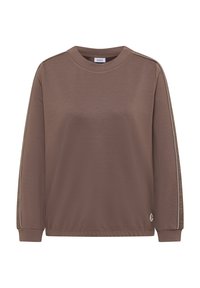 Hnědá mikina s dlouhým rukávem a kulatým výstřihem, vyrobená z texturované látky, se pruhy po stranách s nápisem a logem na lemu.